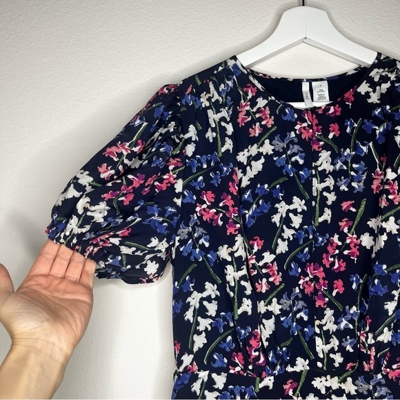 NWT Lewit Keyhole Puff Sleeve 100% Silk A-Line Dress Knee Length Navy Blue Dress - Picture 5 of 8